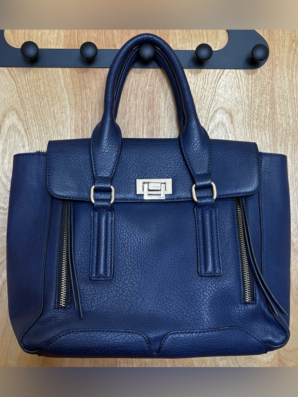 JustFab Navy Pebbled Leather Satchel with Gold Hardware